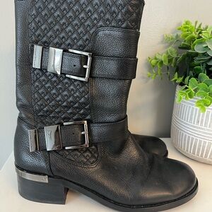 Vince Camuto Black Leather Quilted Buckle Boots